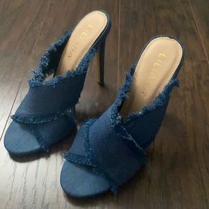 Blue denim slip on heels
